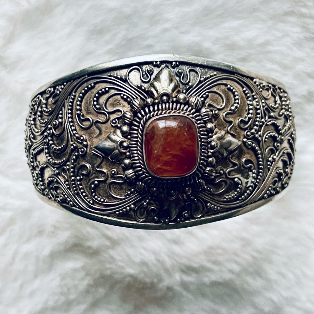 925 Sterling Silver | Vintage Orange Stone Ornate Cuff Bracelet 31 grams